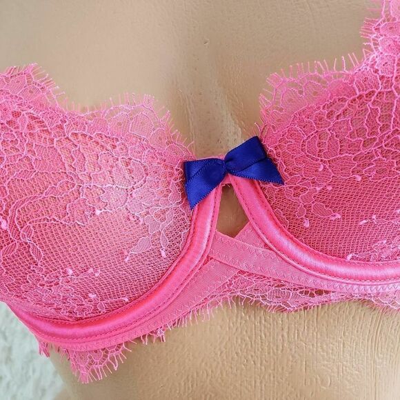 VS 32C Pink Eyelash Lace Bow Unlined Demi Very Sexy Bra - Picture 2 of 4